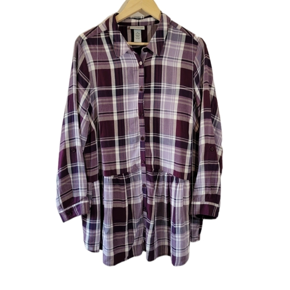 CATHERINES' Women Plus Sz 14/16 Brown/White Plaid  Button-Up Shirt Long Sleeve
